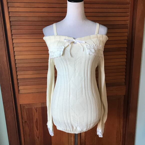J-fashion Jirai Kei Gyaru Ivory Fold-Over Ivory White Off-Shoulder Sweater M - Picture 9 of 9